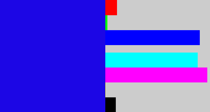 Hex color #1c06e5 - ultramarine blue