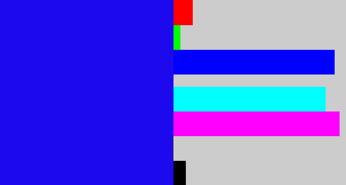 Hex color #1c09ed - ultramarine blue