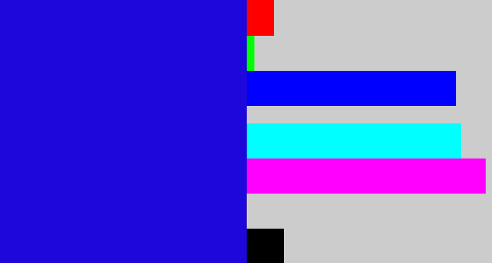 Hex color #1d07da - ultramarine blue