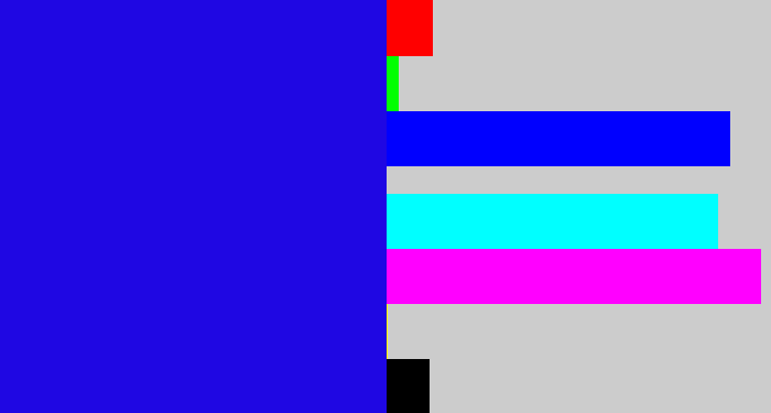 Hex color #1f07e3 - ultramarine blue