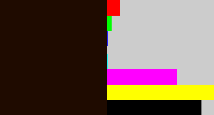 Hex color #1f0b00 - very dark brown
