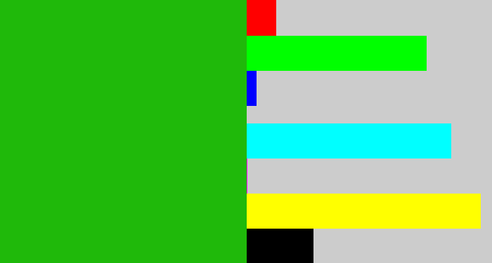 Hex color #1fb90a - green