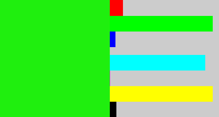Hex color #1fef0e - electric green