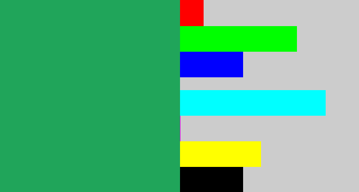 Hex color #20a55a - teal green