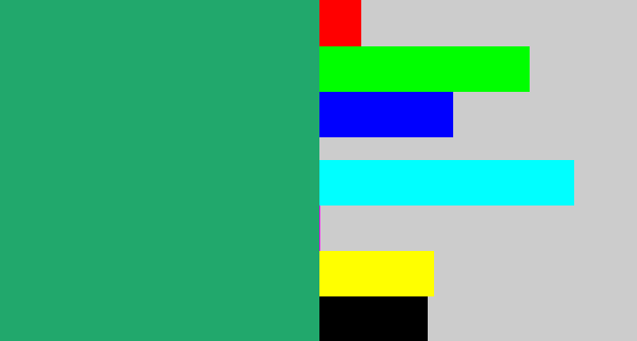 Hex color #21a86c - teal green
