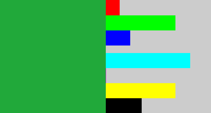 Hex color #21a93a - medium green
