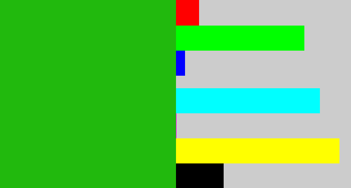 Hex color #21b90d - green