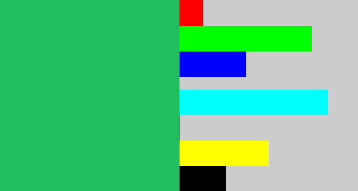 Hex color #21bd5f - algae green