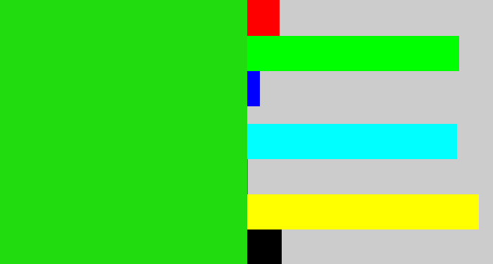 Hex color #21dc0e - vivid green