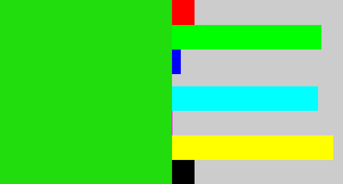 Hex color #21dd0e - vivid green