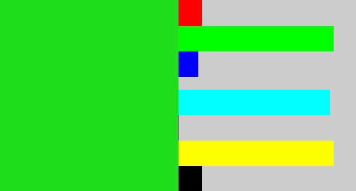 Hex color #21de1d - vivid green