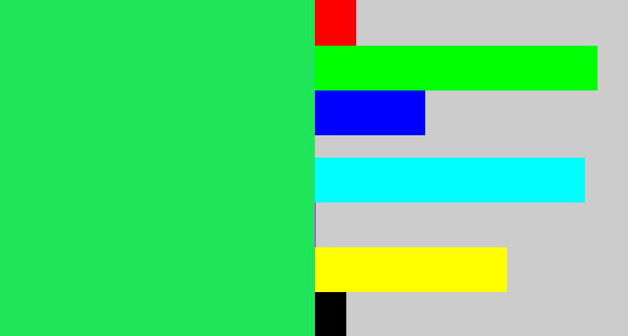Hex color #21e559 - bright light green