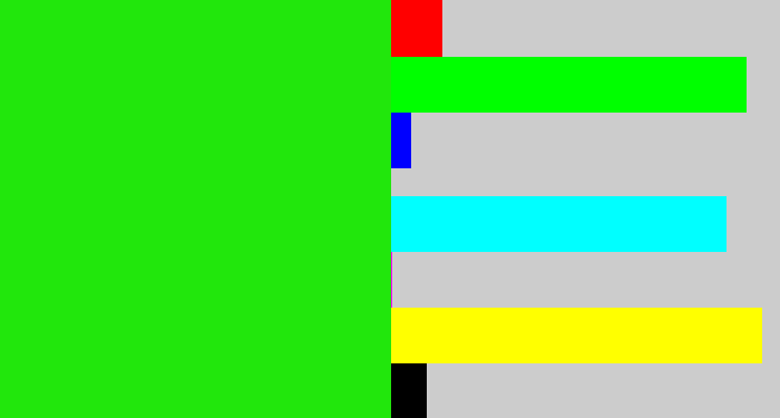 Hex color #21e70c - vivid green