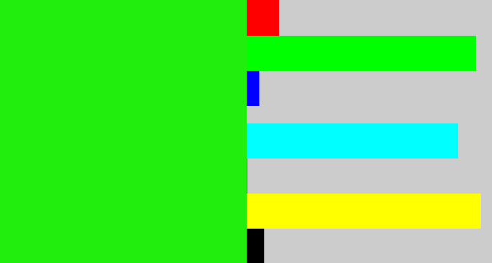 Hex color #21ee0d - electric green