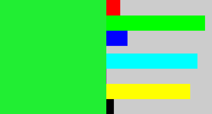 Hex color #21ee33 - hot green