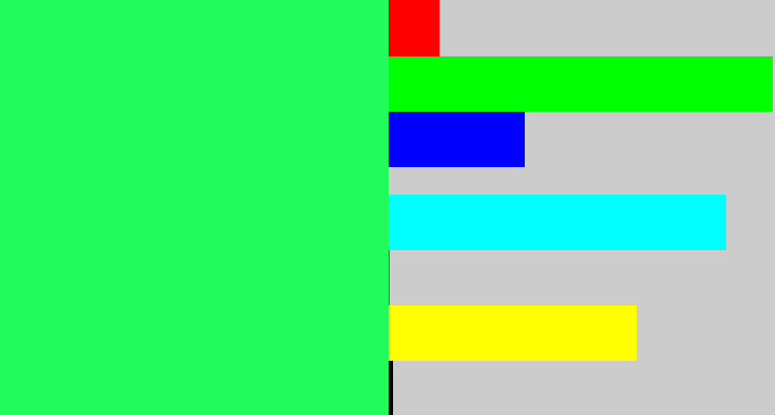 Hex color #21fc5a - bright light green