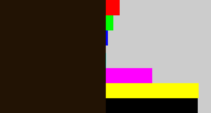 Hex color #221304 - very dark brown