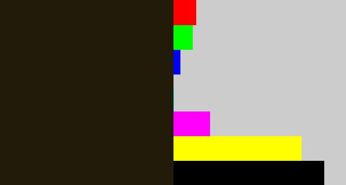 Hex color #221b09 - dark brown