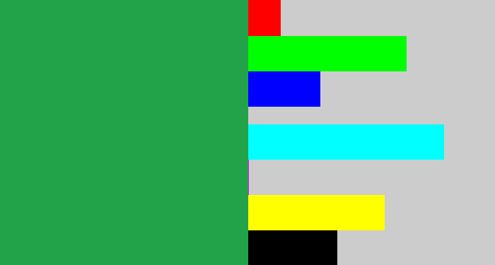 Hex color #22a34a - medium green