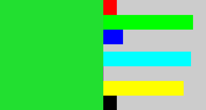Hex color #22df30 - hot green