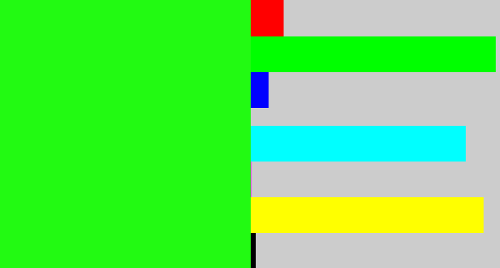 Hex color #22fa12 - electric green