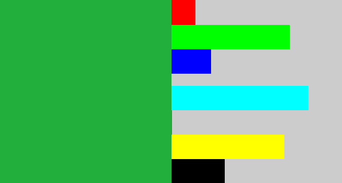 Hex color #23af3b - medium green