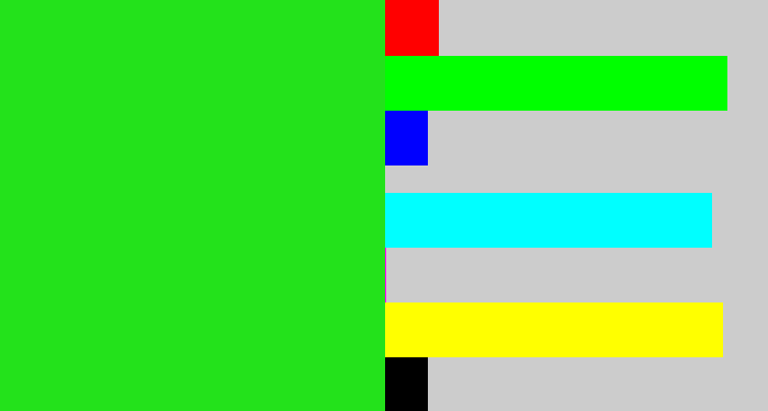 Hex color #23e21b - vivid green