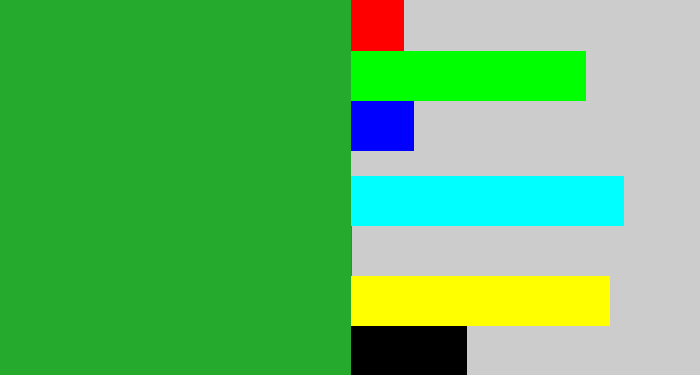 Hex color #25aa2d - green