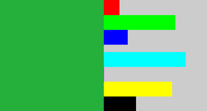 Hex color #25af3b - medium green