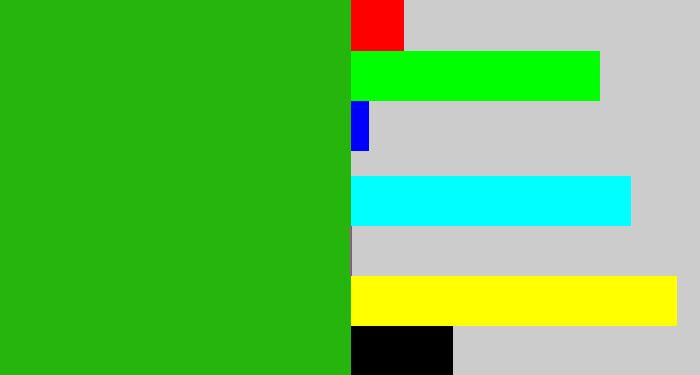 Hex color #25b50d - green