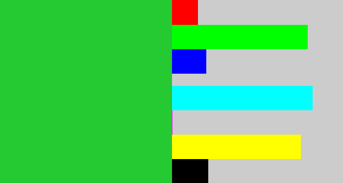 Hex color #25ca32 - green