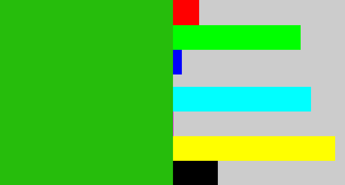 Hex color #26bd0c - green