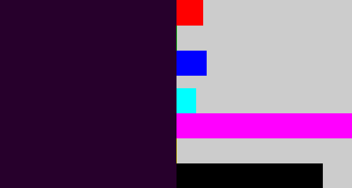 Hex color #27002c - very dark purple