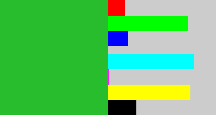 Hex color #27bd2d - green
