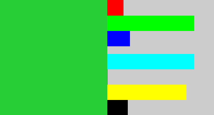 Hex color #27ce35 - medium green