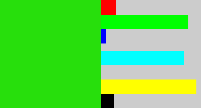Hex color #27df0c - vivid green