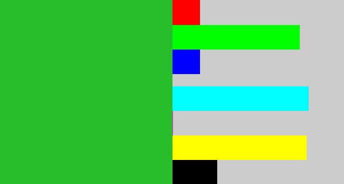 Hex color #28bd2a - green