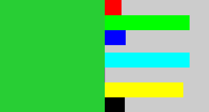 Hex color #28ce34 - medium green