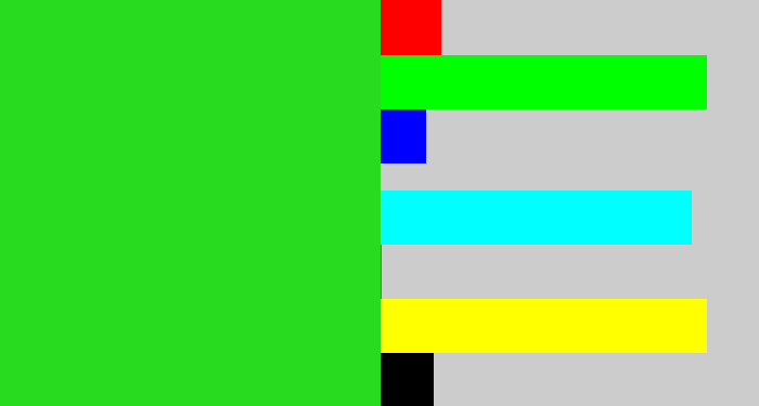 Hex color #28db1e - vivid green