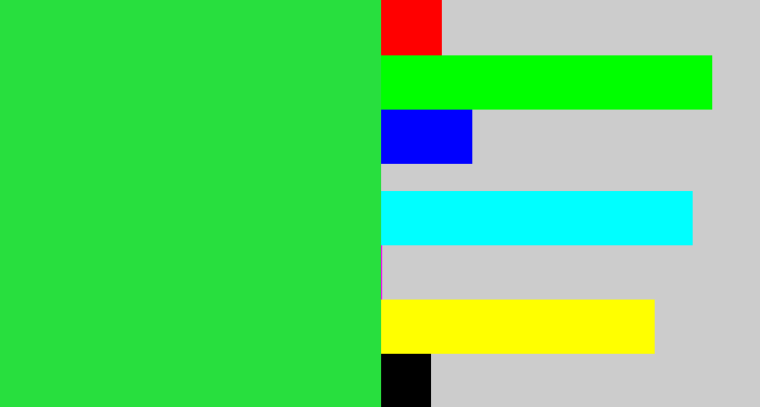 Hex color #28df3e - bright light green