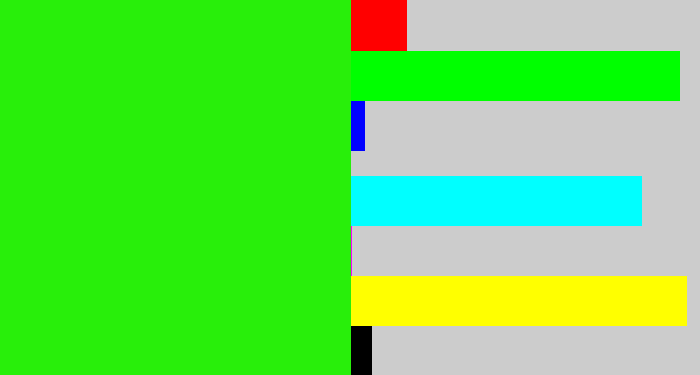 Hex color #28ef0a - vivid green