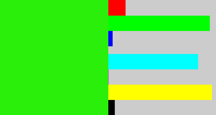 Hex color #29ef0a - vivid green