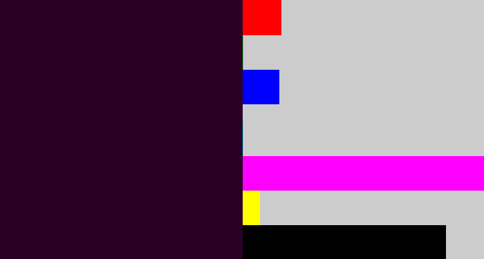 Hex color #2a0027 - very dark purple