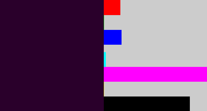 Hex color #2a002b - very dark purple