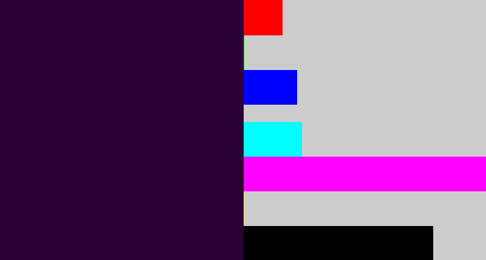 Hex color #2a0037 - midnight purple