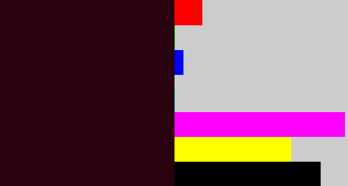 Hex color #2a010e - dark maroon