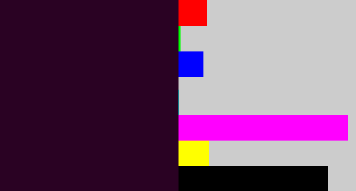 Hex color #2a0223 - very dark purple