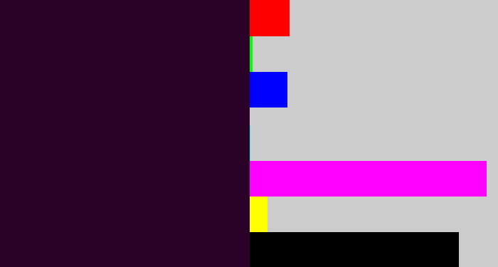 Hex color #2a0227 - very dark purple