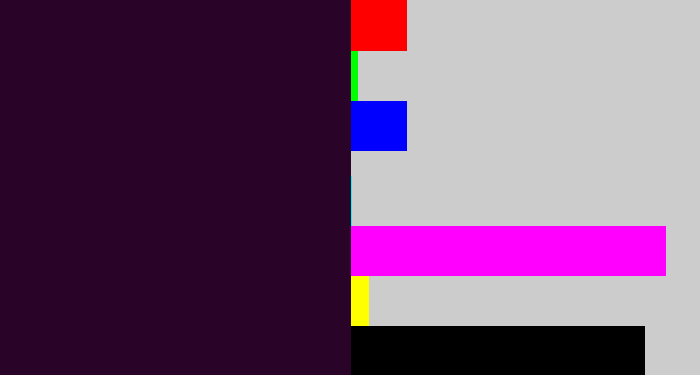 Hex color #2a0428 - very dark purple
