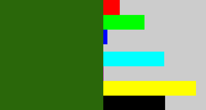 Hex color #2a670a - navy green